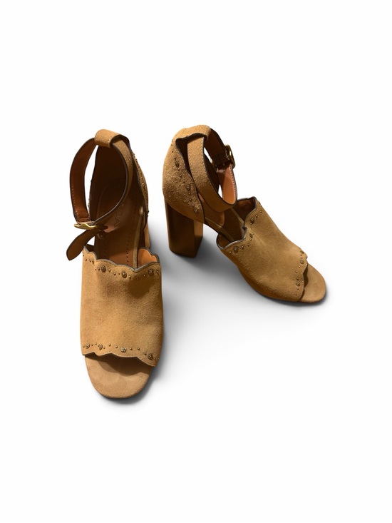 Coach Shoes - Coach Tan Suede Scalloped Block Heel Sandals